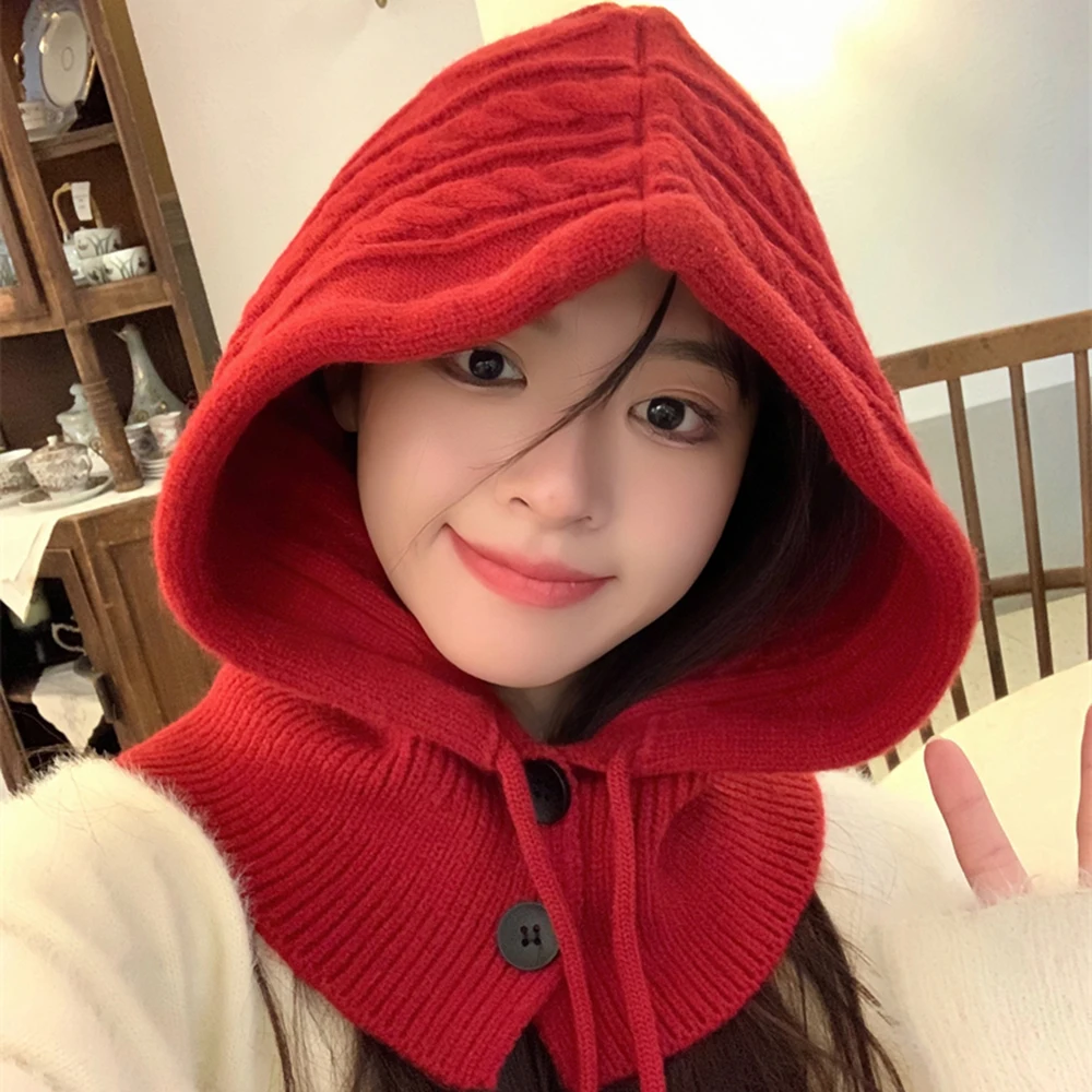 Knitted Balaclava Hat Winter Warm Thicken Imitation Cashmere Scarf Set Shawl Split Finger Gloves Wool Pullover Hat Accessories