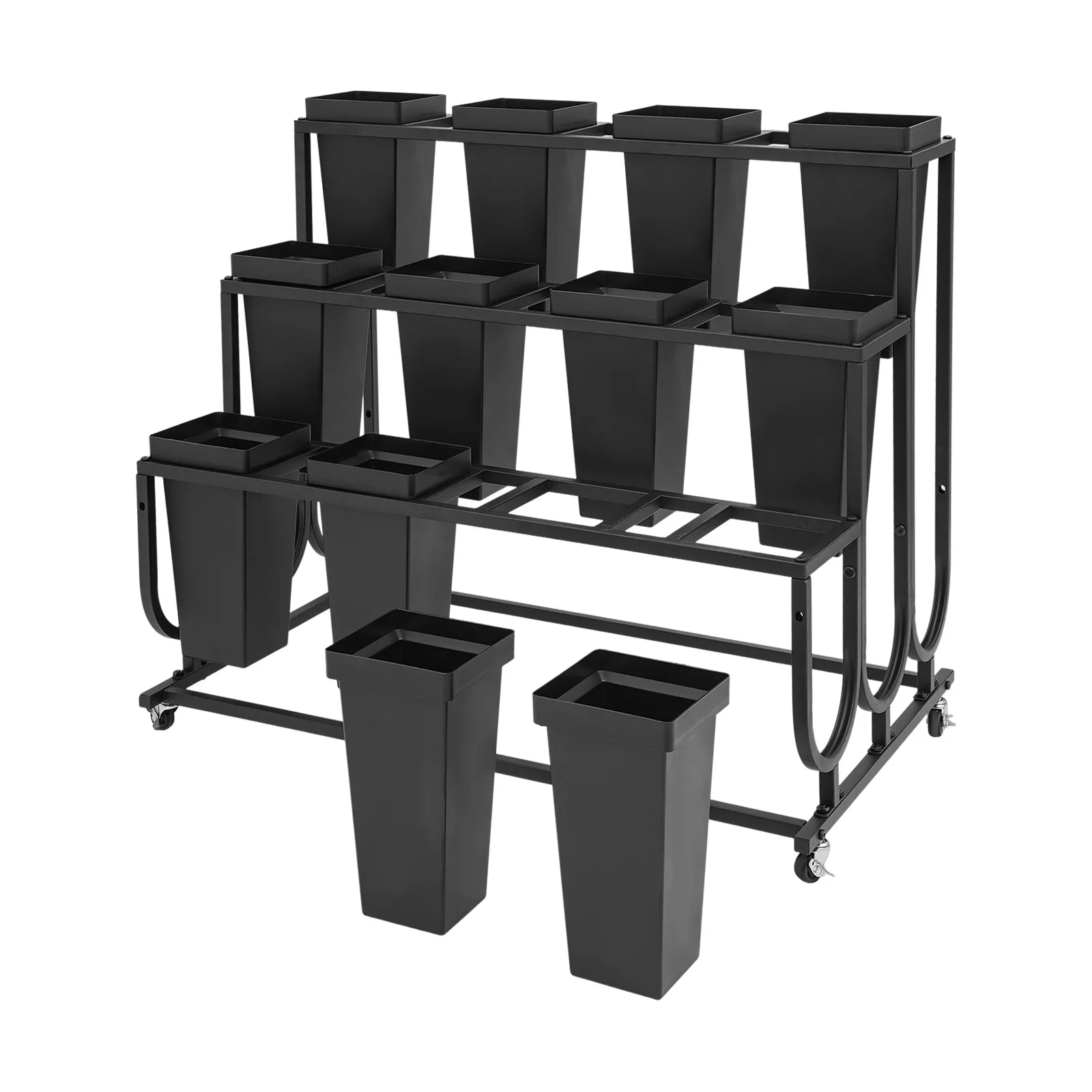 12 baldes de metal, 3 camadas, suporte de exibição de flores com 4 rodas bloqueáveis para loja de flores, casamento, casa, decoração de jardim, exibição de plantas