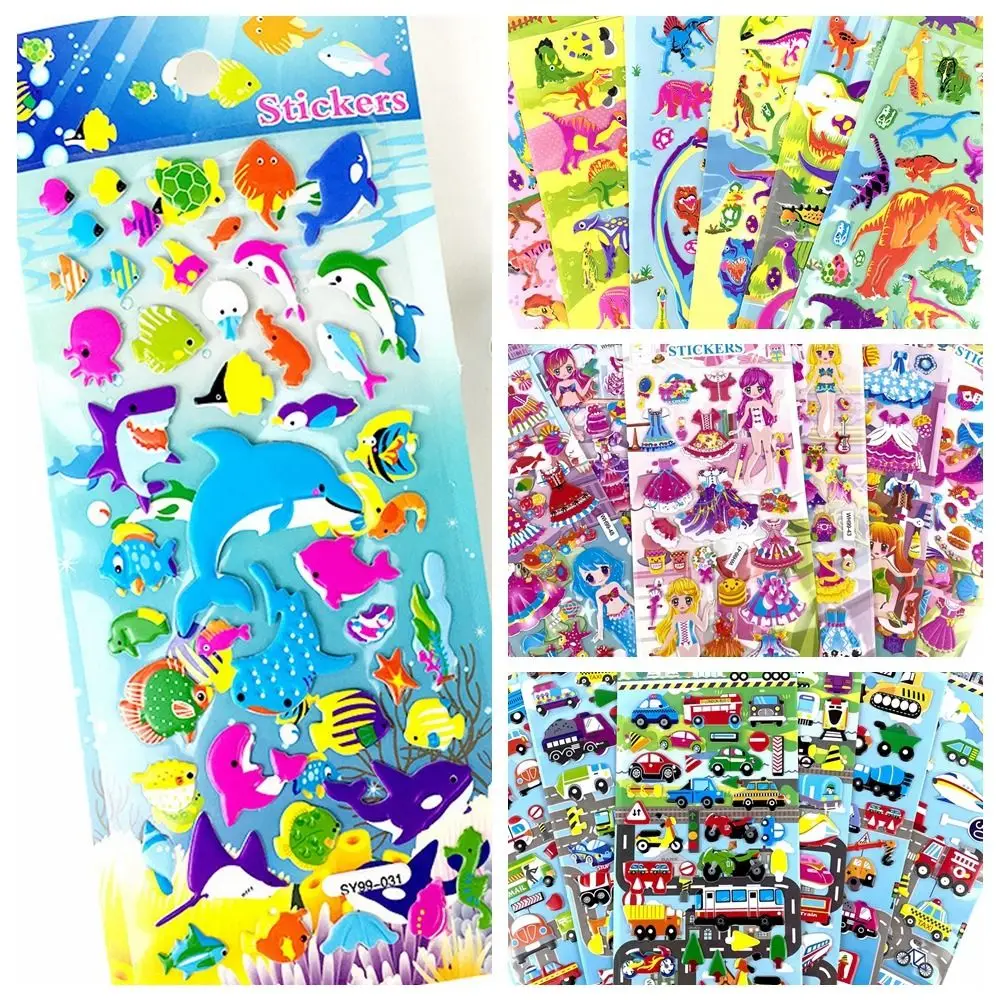 5PCS Sea Life Animal 3D Bubble Sticker Shark Dolphin Fish Cartoon Waterproof Cartoon Anime Stickers 3D Bubble Flocking Bow Hat