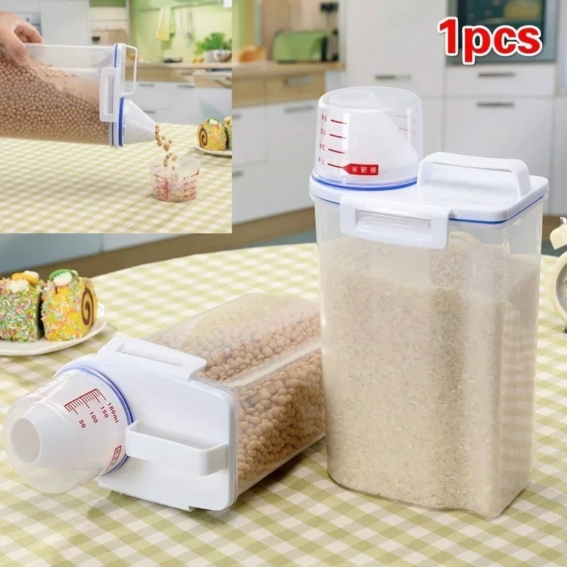 Kitchen cereals storage box Home Kitchen Transparent Plastic PP Food Container Rice and flour Storage Box With Measuring Cup