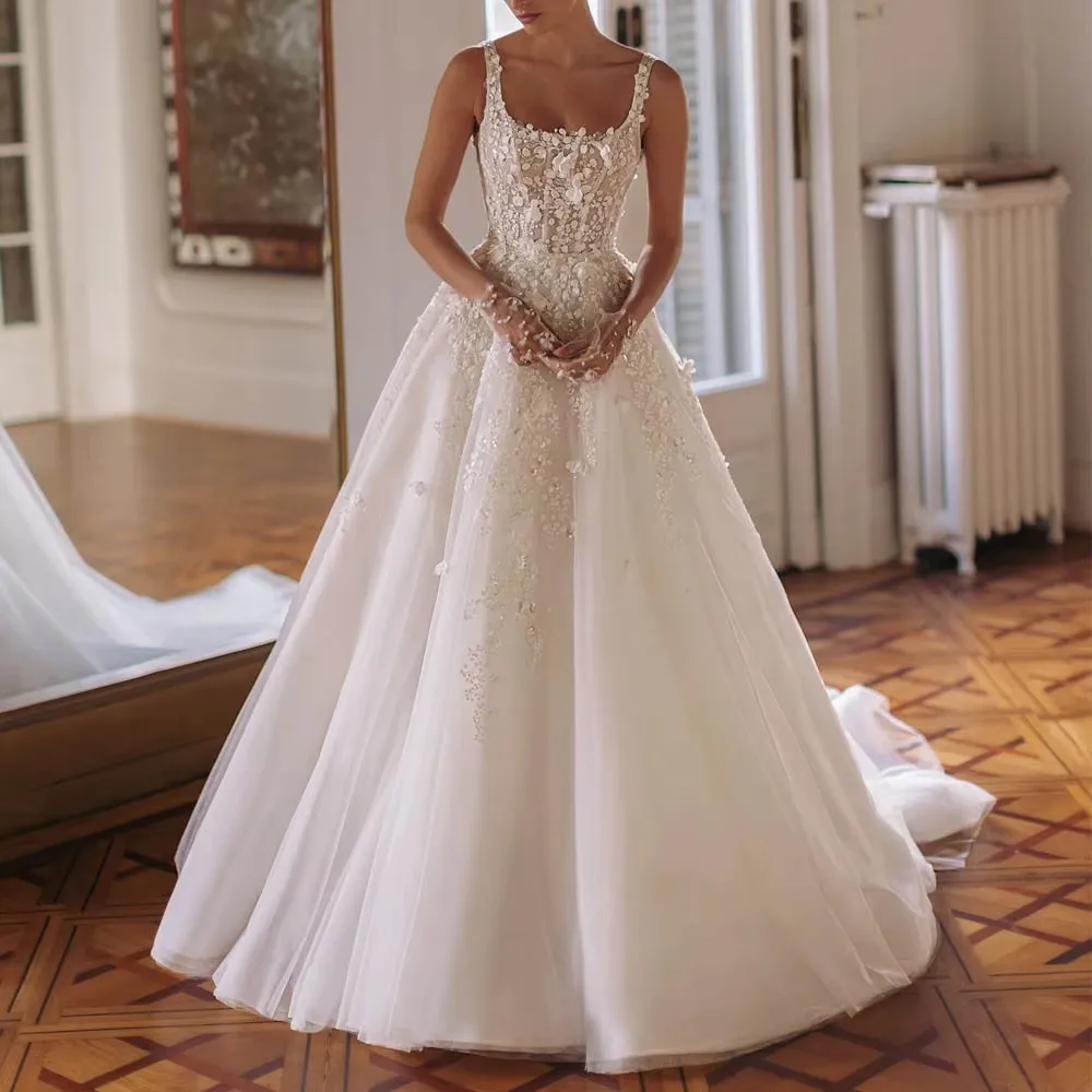 High Quality Wedding Dress Appliques Spagehtti Straps 3D Flowers Lace A-line Tulle Bridal Gowns Church Bride Dresses Vestidos