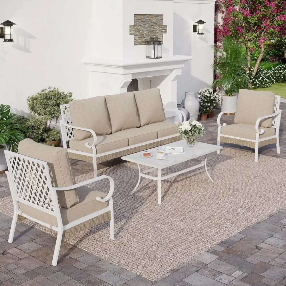 

4 Piece Metal Outdoor Patio Furniture Set, Patio Conversation Sets 1 3-seater Sofa, 2 Single Sofa with 5.75" Extra Thick Cushion