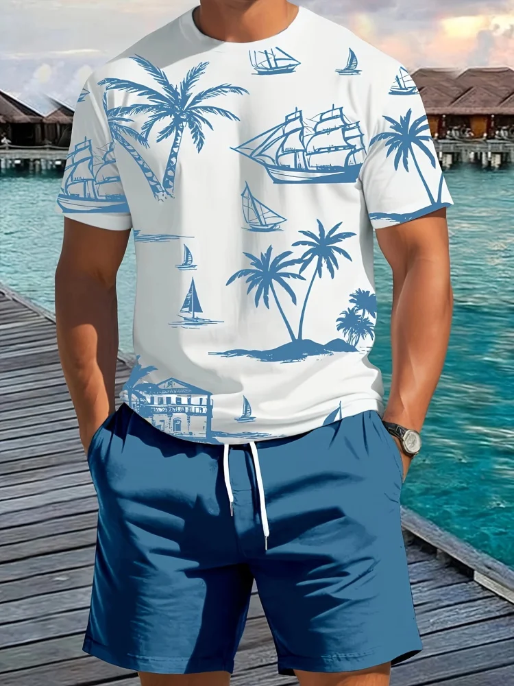 Men's Summer Casual Suit Cartoon Pineapple Print Stylish Short-sleeved Top And Shorts Two-piece For Beach Vacations