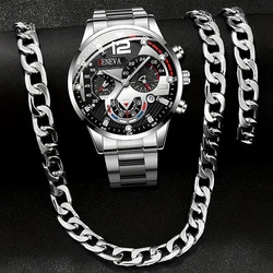 3Pcs Of Fashionable Men's Sports Watches Men's Business Quartz Watches Luxurious Silver Alloy Bracelets Men's Leisure Watches