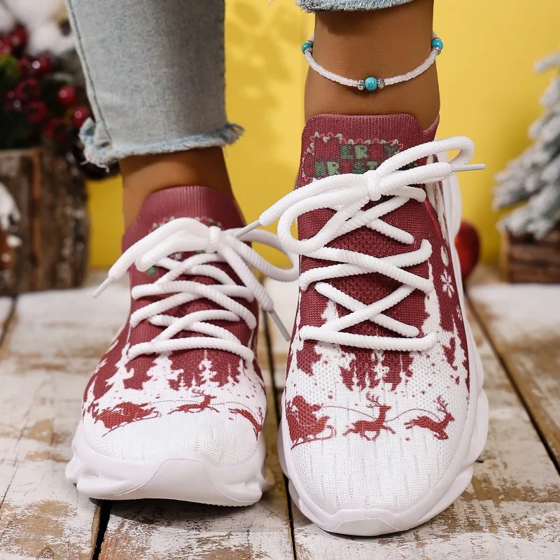 Fashion New Knitted Mesh Printed Women's Sneakers Soft Soled Comfort Loafers 2026 New Lace Up Casual Women Shoes Tênis Feminino