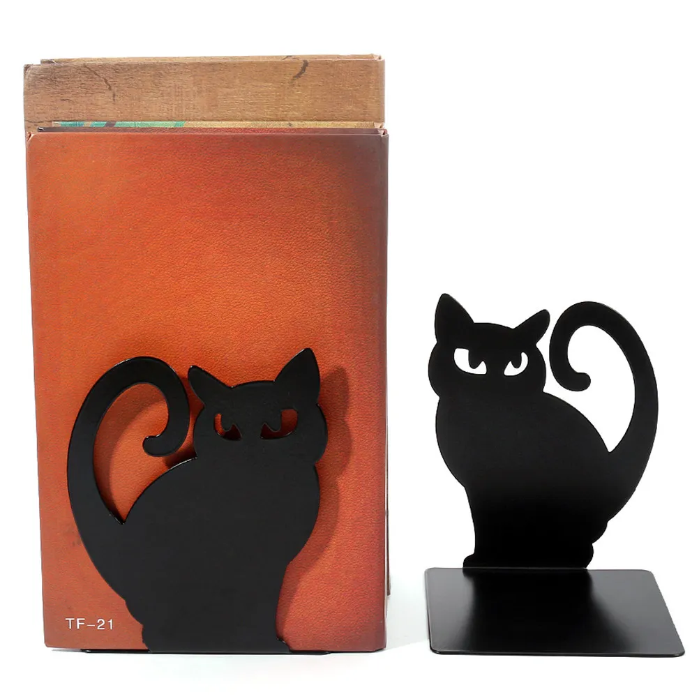 2Pcs Iron Bookend Cat Shaped Metal Book Stand for Desktop Study Room Living Room Book Organizer File Holder Magazine Display