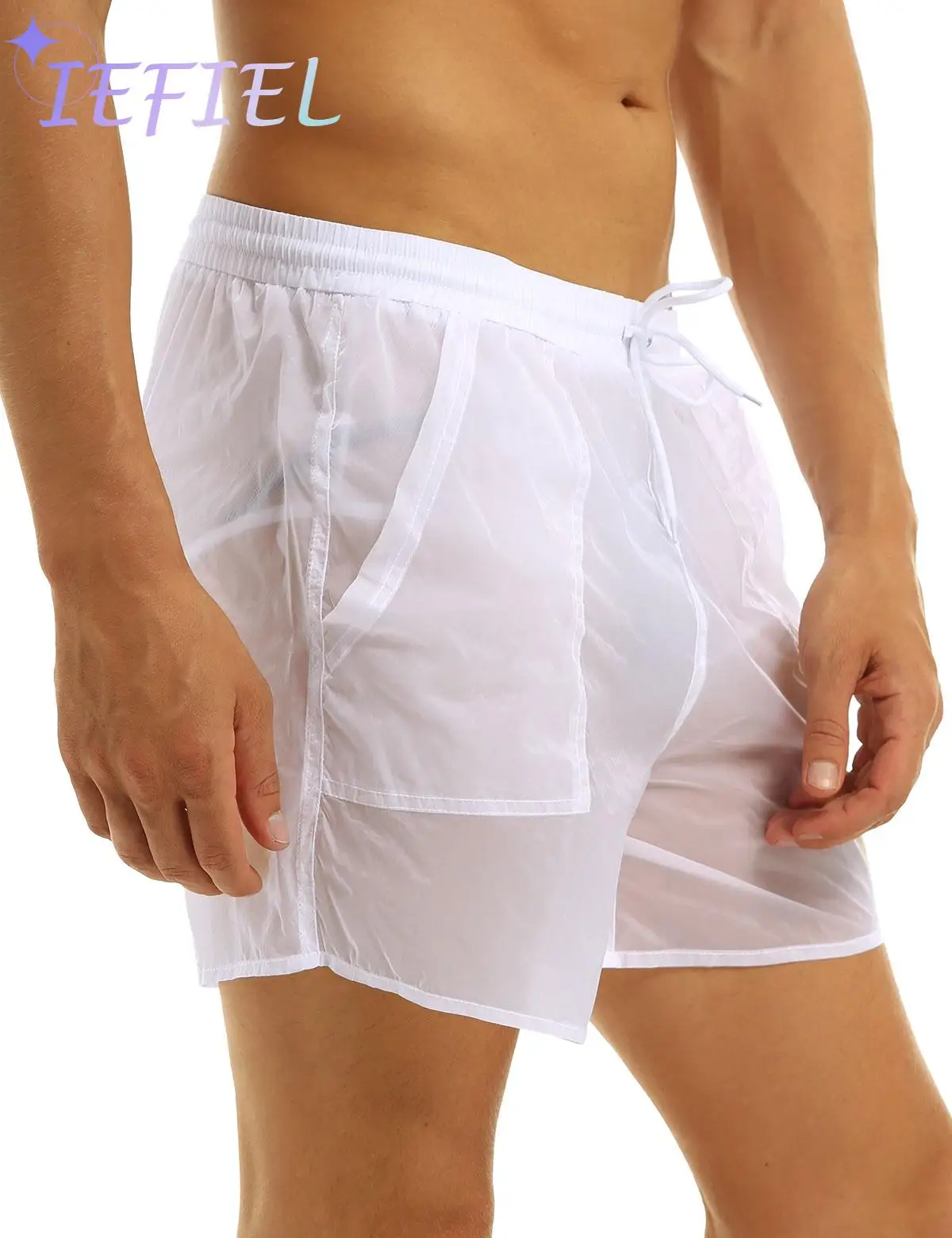 

Men Drawstring Quick Dry Beach Shorts See-Through Wrestling Singlet Underpants Swim Trunks with Bulit-in Mesh Briefs