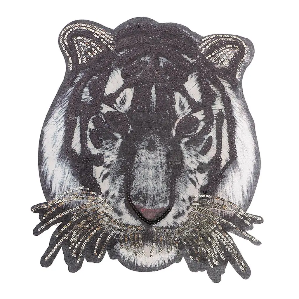 Tiger Head Pattern Patches Sequin Motifs Sew On Patch DIY Clothing Applique for Jeans Jacket Bags Costume Clothes Decoration