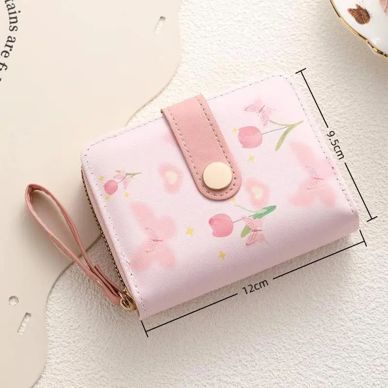 Niedliche Damen-Geldbörse mit kurzen Tulpenmuster, mehreren Kartenfächern und Handschlaufe, ideal als Accessoire für den täglichen Gebrauch, Reisen und Einkäufe. – Detail 1