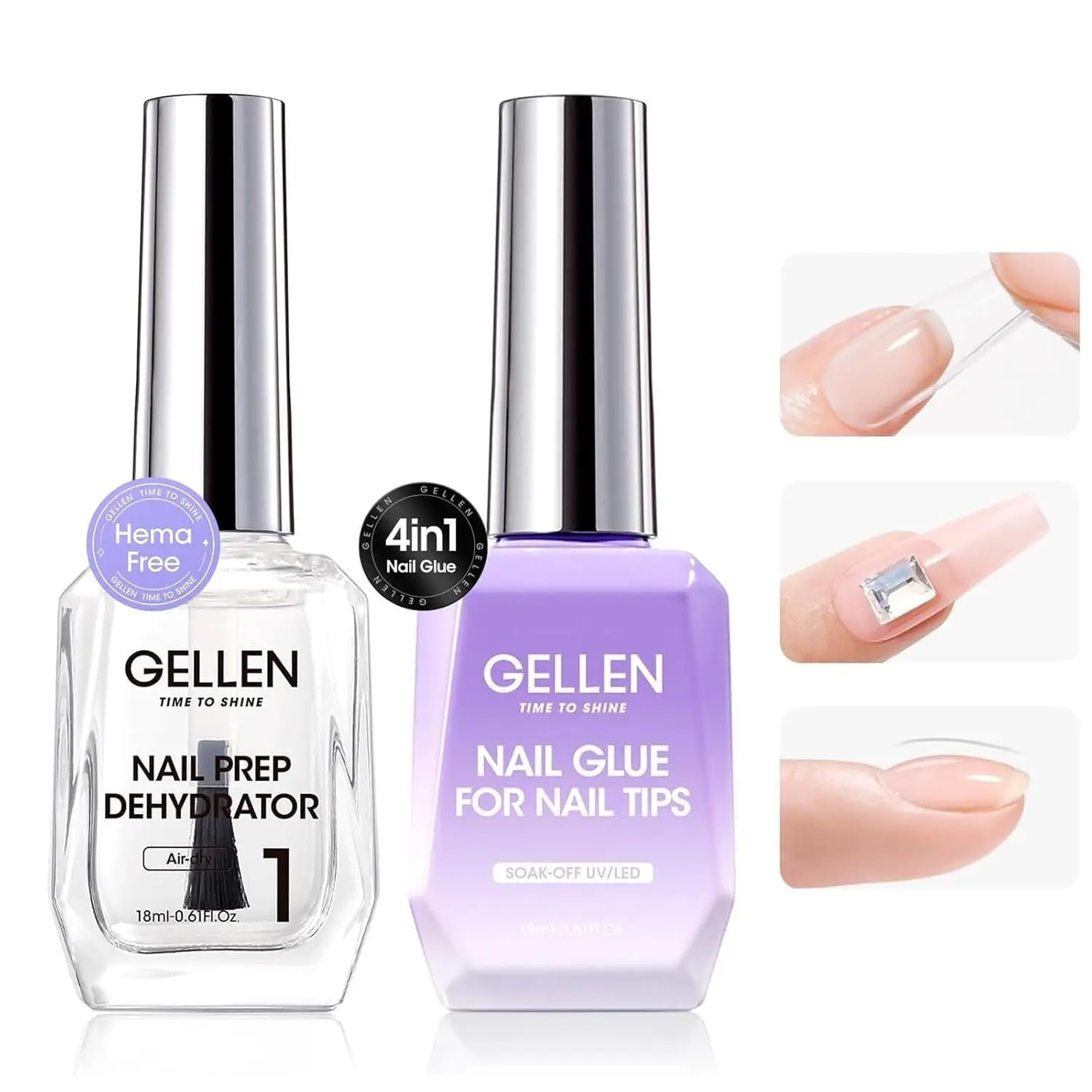 GELLEN 18ml 4In1 Nail Glue Gel Prep Dehydrator Kit for False Acrylic Press on Nails Soak Off LED UV Light Cure Manicure Supplies