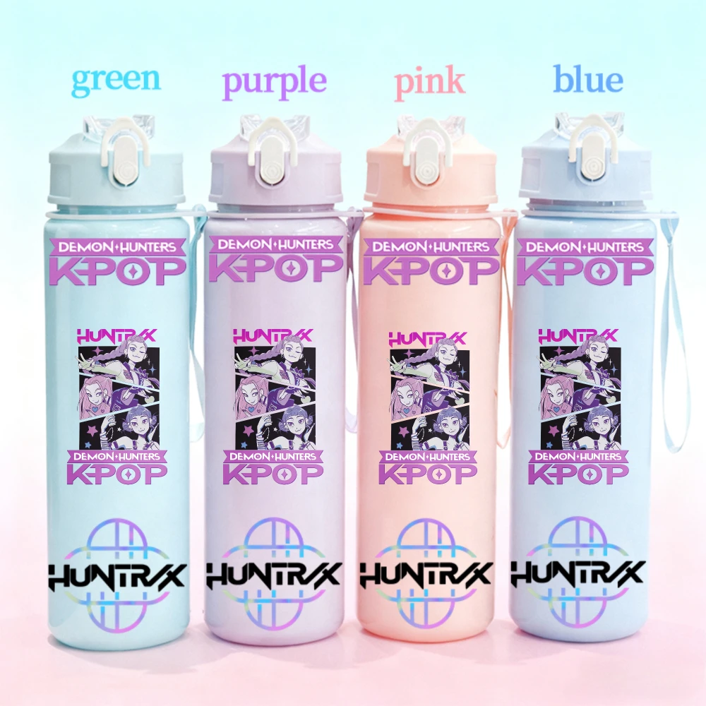 750ML KPop Demon Hunters Plastic Water Bottle Straw Rumi Mira Zoey K-Pop Demon Hunters Letter Children's Anime Water Bottle Gift
