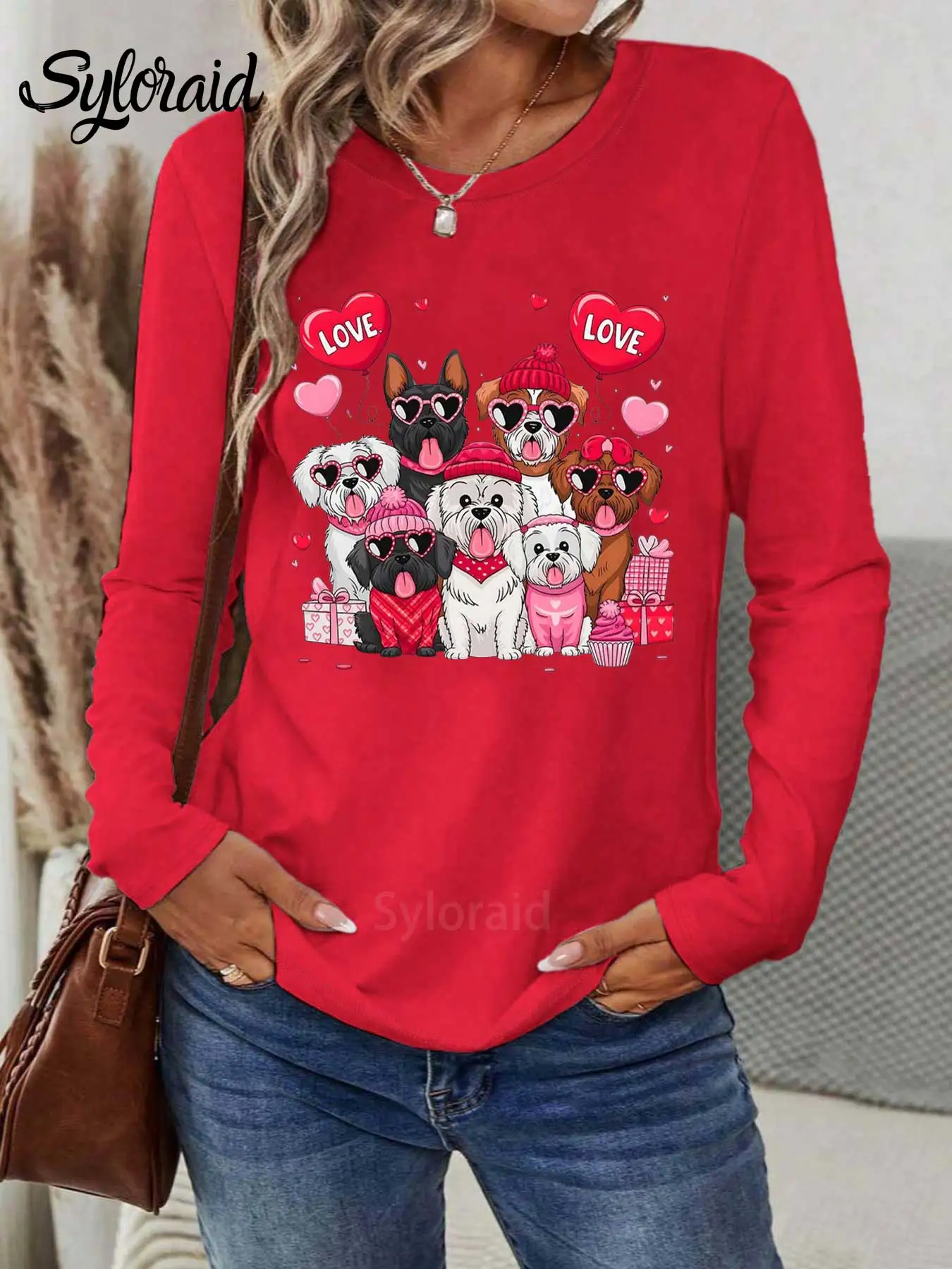 Women's Long Sleeve T Shirt Valentine's Day Love Dogs Print T Shirt Fashion Round Neck Casual Top
