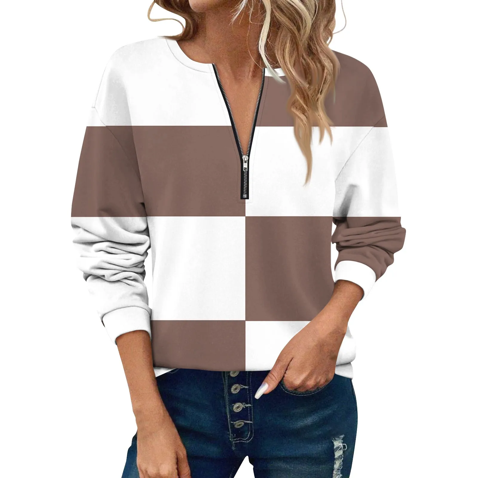 

Women Casual Long Sleeve Basic Quarter Zipper Color Blocking Pullover Sweatshirts Casual Top Female Fall Clothes