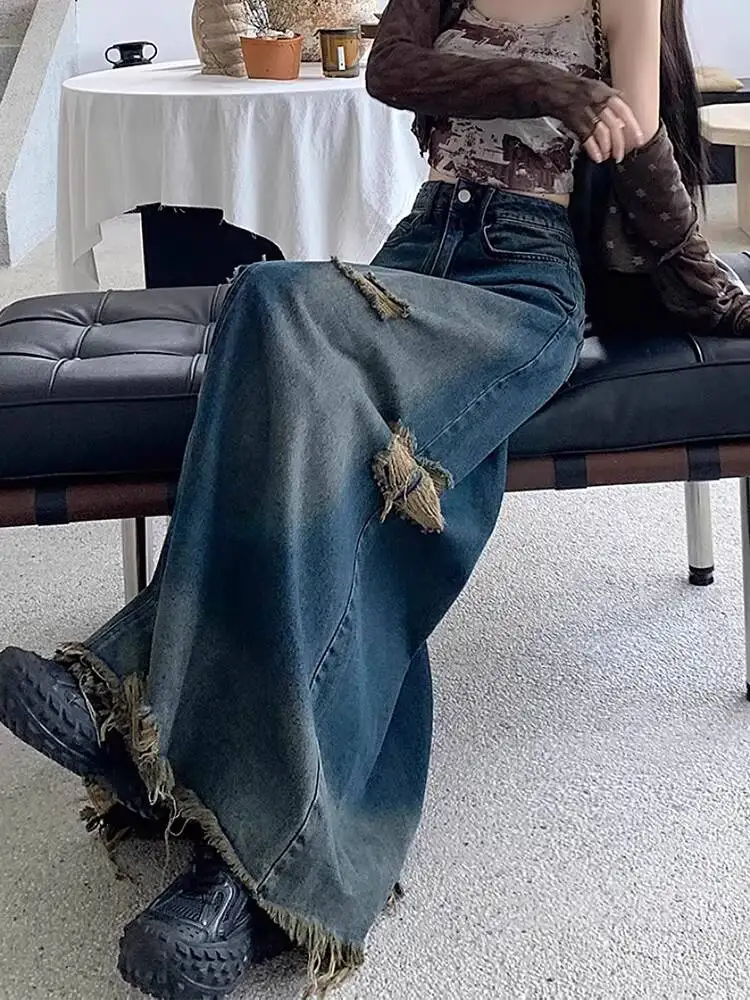 Plus Size Vintage American Style Denim Skirt Women's Loose Washable Fringed Long Dress Casual Korean Style For Spring