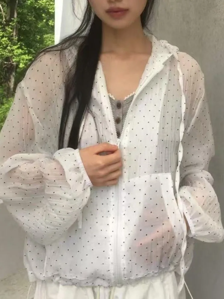 

Chic Polka Dot Hooded Sun Protection Shirt Jacket Women's Loose Versatile Design Spring 2026 Korean Style Long Sleeve Zipper