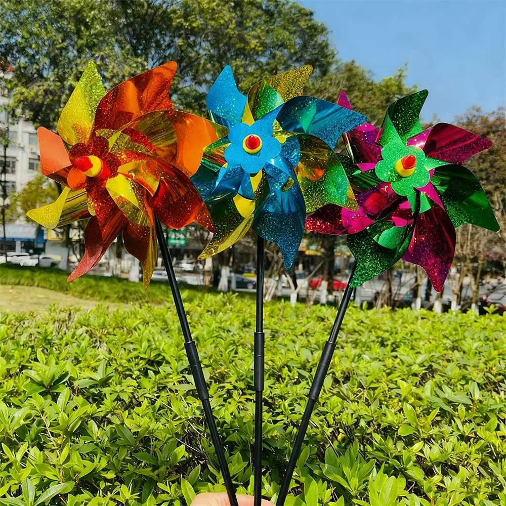 2pcs Reflective Sequin Bird Repeller Hand-held Windmill Double Section Pole Multicolors Bird Repellent Anti Birds Windmill 24cm