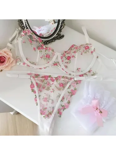 Imagen 2 del producto YUQI-Lencería de lujo de estilo francés, conjunto de sujetador transparente negro con bordado Floral, ropa interior transparente elegante íntima Sensual para mujer