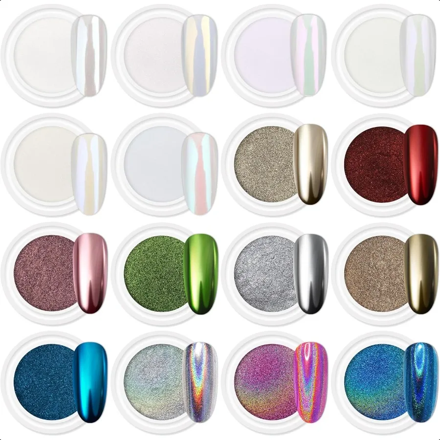 

Artdone 16Jars Chrome Nail Powder Magic White Pearl Kit Mirror Effect Sier Metallic Holographic Dip Nail Powder For Resin Craft