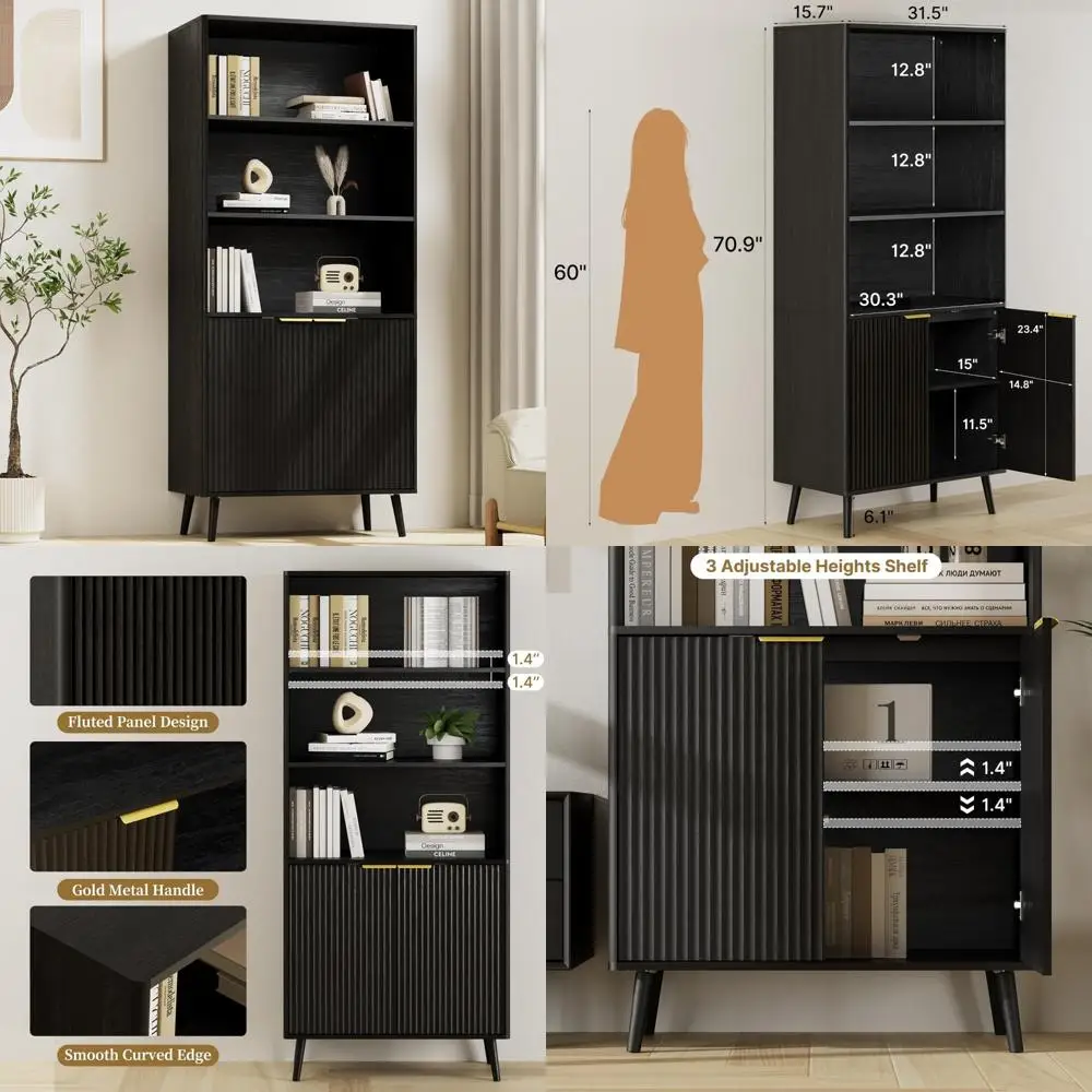 Bibliothèque haute à 5 niveaux avec portes cannelées, étagères réglables, armoire de rangement en bois pour le bureau et la maison