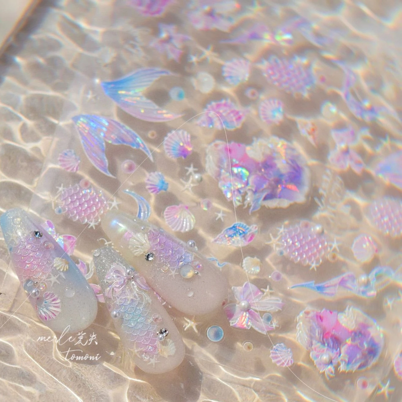 Mermaid Girl Conch Starfish Shell Bowknot Fish Scale Purple Ribbon Water Bubbles Chic Adhesive Nail Art Sticker Manicure Decals