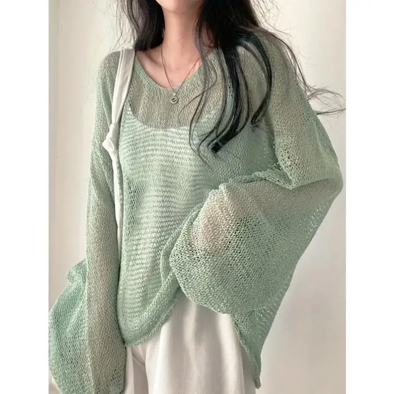 

2026 New Korean Sle Faion Summer Retro Loose Long Knitted Sweater for Women Ciwalk Collar Nine Sve Length