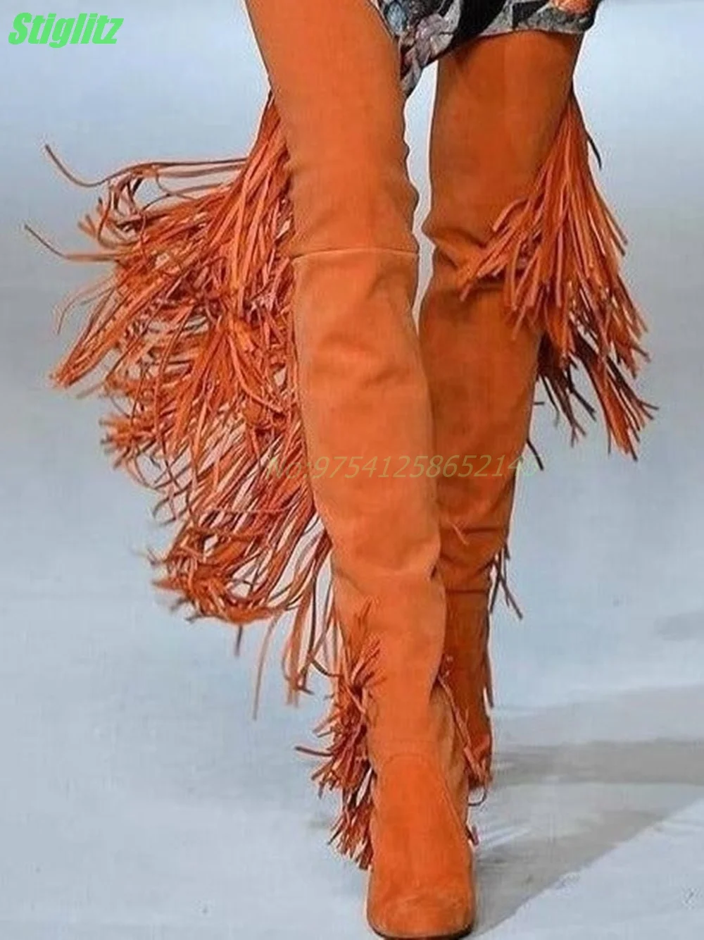 

Fringe Over-the-Knee Boots Solid Orange Suede Women's Boots Catwalk Party Shoes Luxury Fashion Winter Square High Heel New 2024