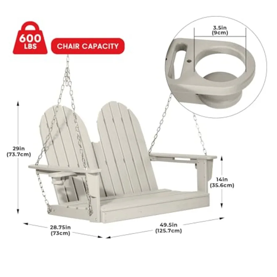Outdoor farmhouse porch swing for hanging use, made of HDPE material, beige color, features built-in cup holders and weather-re