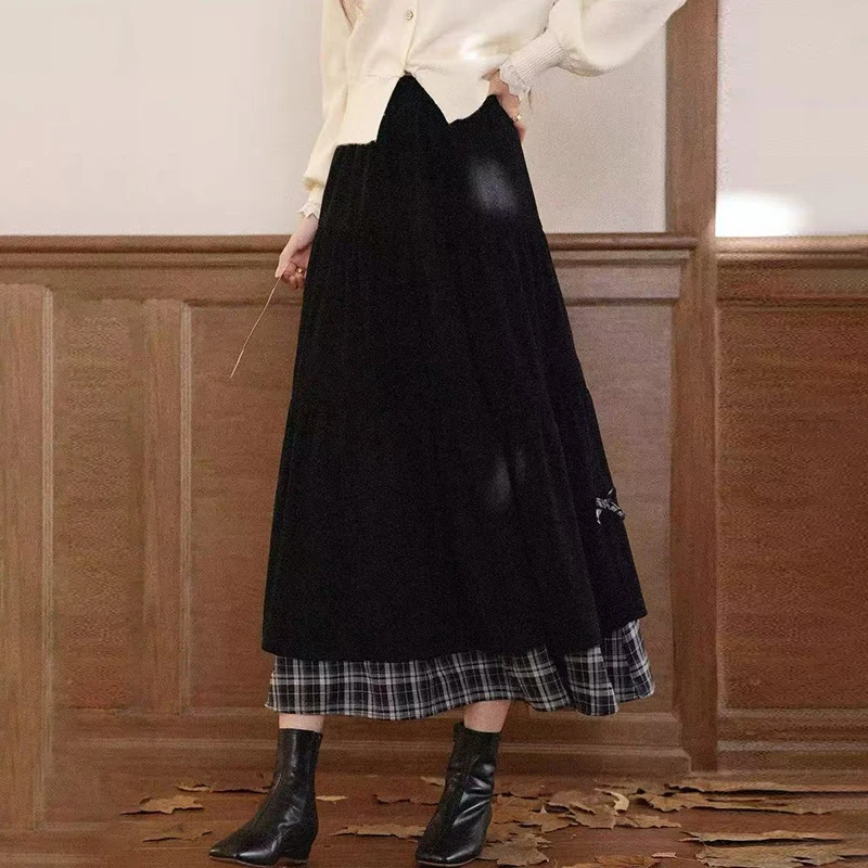 MEXZT Gonna longuette in velluto a coste vintage Donna Harajuku Bow Plaid Patchwork Gonne nere Inverno giapponese Streetwear Casual Faldas Nuovo