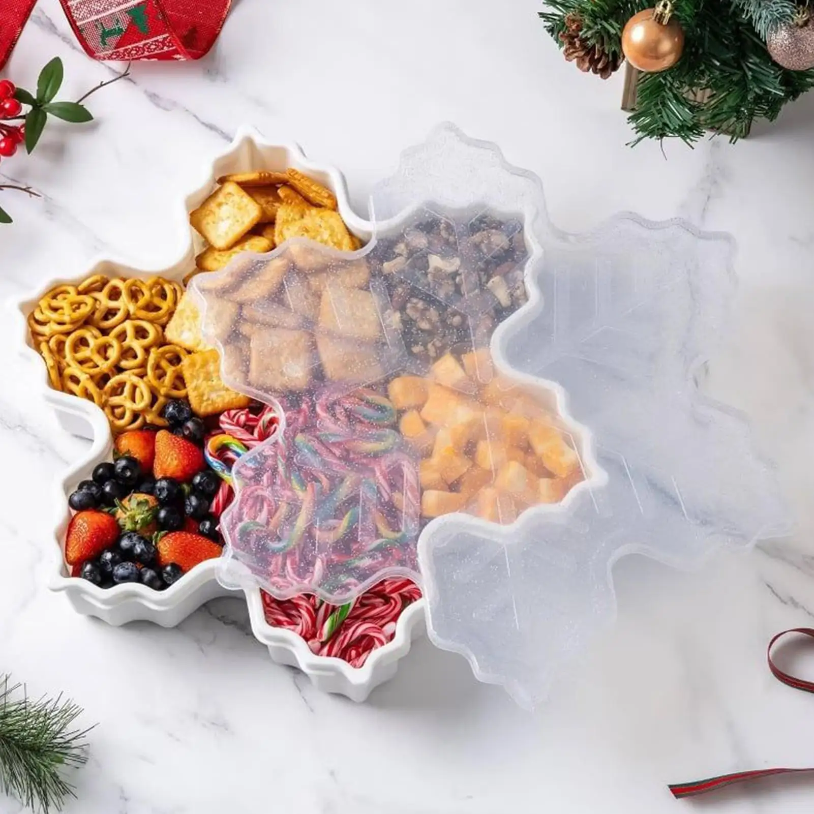 Christmas Candy Tray & Cookie Box, Food Organizer Serving Tray For Treat Nuts Fruit Popcorn Dip Dessert Party Table Storage Box