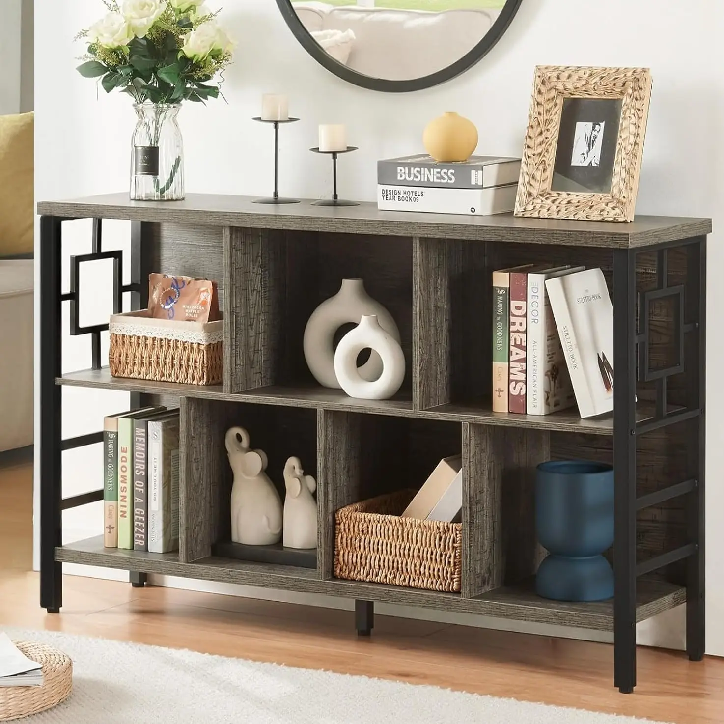 

Cube Storage Organizer Shelf, 3-Tier Rustic Short Wide Bookshelf, Industrial Horizontal Bookcase With 7 Cubes, Low Cubby Book