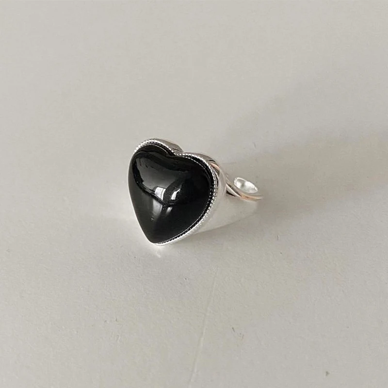 Foxanry Black Drop Glaze Love Heart Geometric Rings For Women Couples New Fashion Simple Classic Hip Hop Party Jewelry Gifts