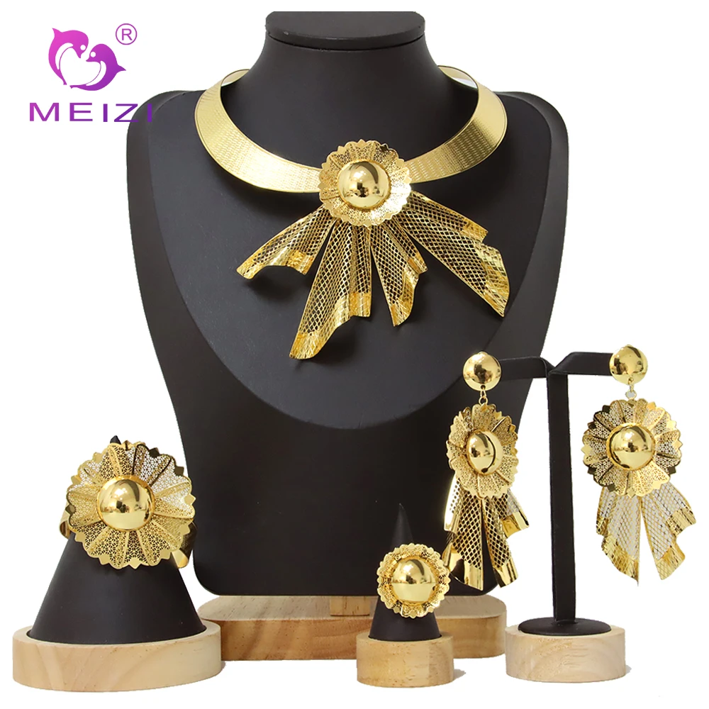 

Brazillian Jewelry 18k Dubai Gold Plated Woman Jewelry Set For African Necklace Earring Bracelet Ring Set Nigerian Accessories