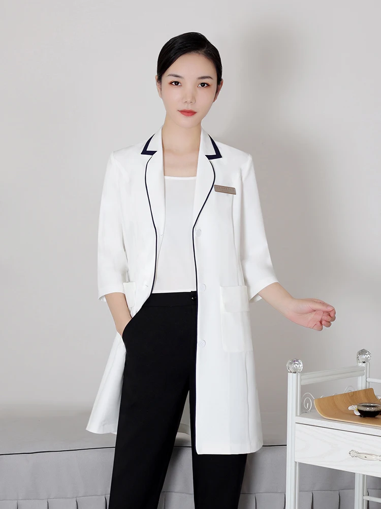 

Элитный белый халат в корейском стиле для сотрудников салонов красоты и ухода за кожей, средней длины, без рукавов, хлопковая униформа для салонов красоты