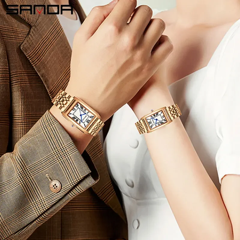ساعة SANDA Fashion Couple Tank بتصميم أنيق ومينا مستطيلة مقاومة للماء وحركة كوارتز من الفولاذ المقاوم للصدأ لمحبي الأعمال #6