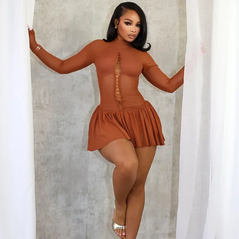 

Women Long Sleeve Mesh See Through O-neck Bodycon Mini Dress 2025 Hollow Out Sexy Party Evening Night Club Chic Dresses