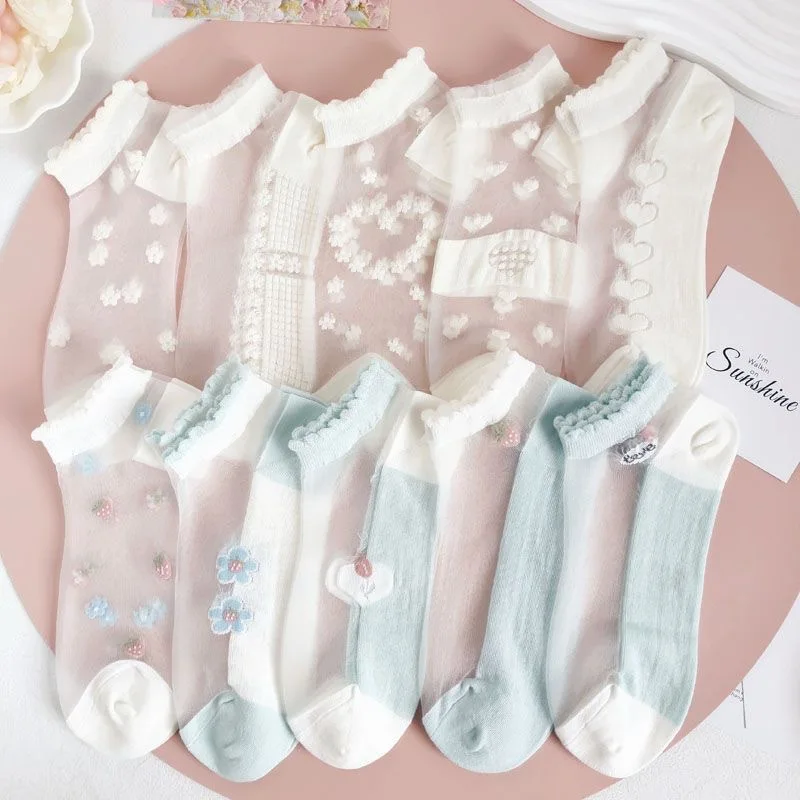 

5 Pairs Summer Thin Breathable Comfortable Cute Flower Transparent Casual Socks Women Floral Patterned Lace Edge Socks for Girl