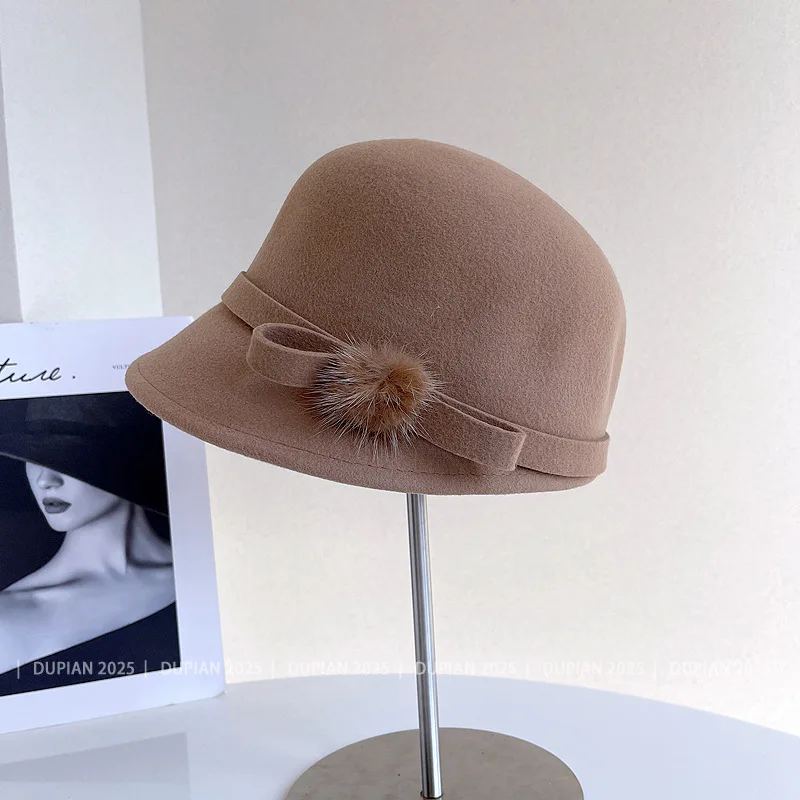 الموضة اليابانية الجديدة الانحناء الكريات الزخرفية الصوف الفروسية القبعات النساء الخريف الشتاء السيدات خمر قبعة فيدورا المجهزة قبعة قناع