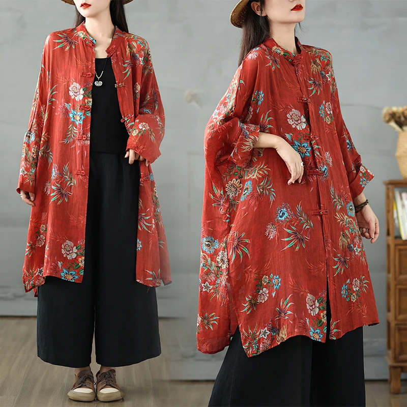 

Шикарный осенний длинный джемпер с воротником на пуговицах и краями «летучая мышь» с цветочным принтом для женщин больших размеров, традиционное подбородок...