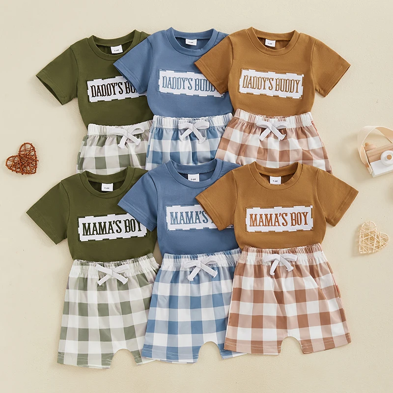 Vintage Toddler Kids Baby Boys Summer Clothing Sets Short Sleeve Embroidery Letters T-shirts with Plaid Shorts Casual Outfits