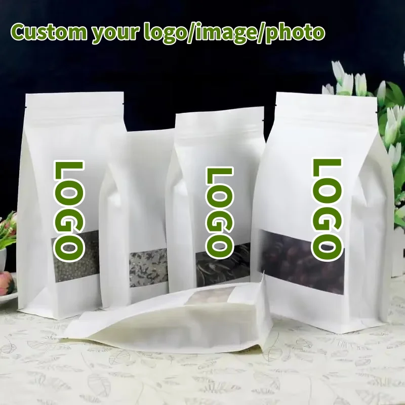 3D White Paper Window Stand up Zip Lock Packaging Bag Resealable Snack Cookie Tea Coffee Spice Sugar Nuts Storage Pouches