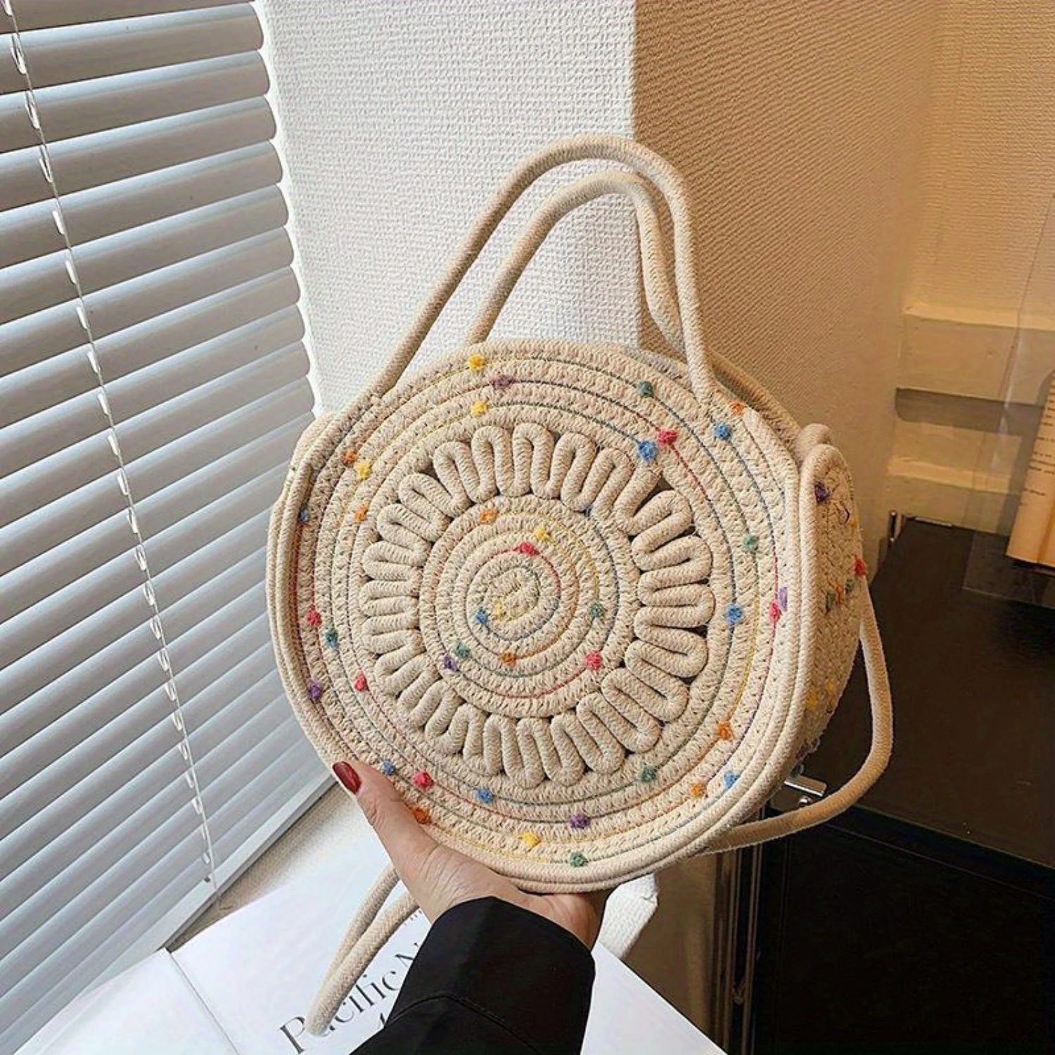 Mini Straw Crossbody Bag for Women - Summer Round Shoulder Purse in Cream Purse Strap Purse Straps For