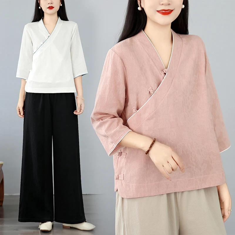 New Chinese Style Women's Yoga Clothes Zen Meditation Cotton Linen Top Bottom Set Laywoman's Clothing Tea Art Ensemble