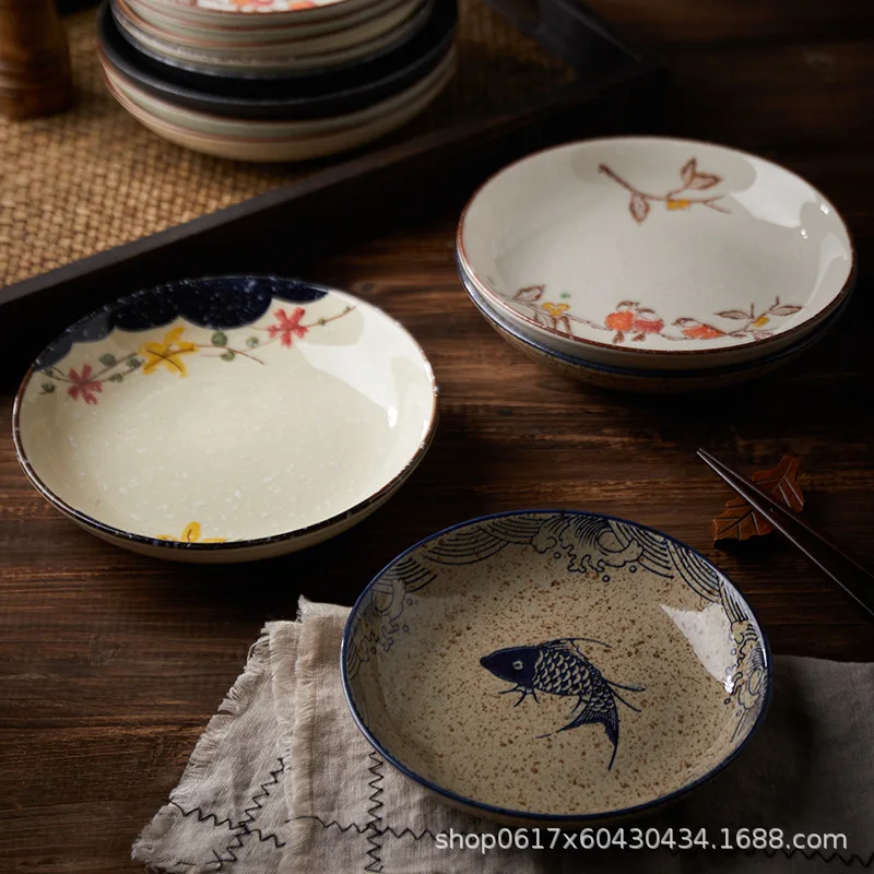 

8-Inch Japanese ceramic plate, underglaze colored fruit plate, Western food steak plate, disc, household tableware,soup and rice