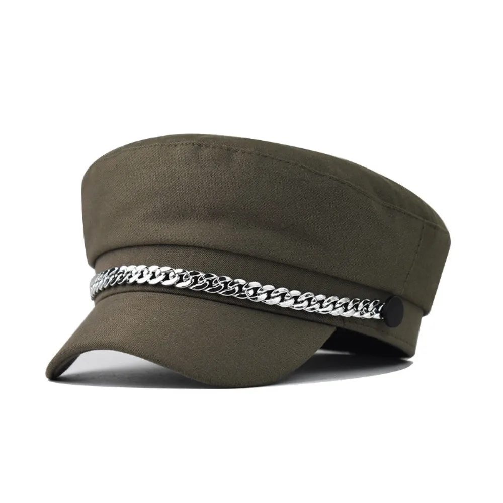 Classic Cotton Polyester Newsboy Cap Short Brim Chain Decor Octagonal Beret Adjustable Short Brim Peaked Cap Casual Outfit