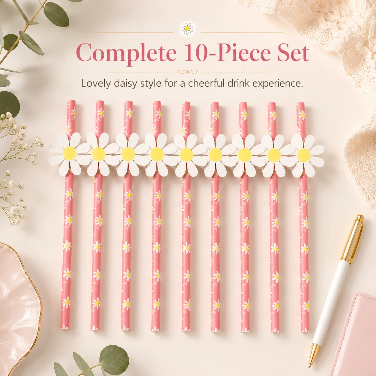 Pink Daisy Floral Paper Straws White Daisy Cutout Disposable Straws Spring Wedding Baby Shower Floral Party Table Decorations