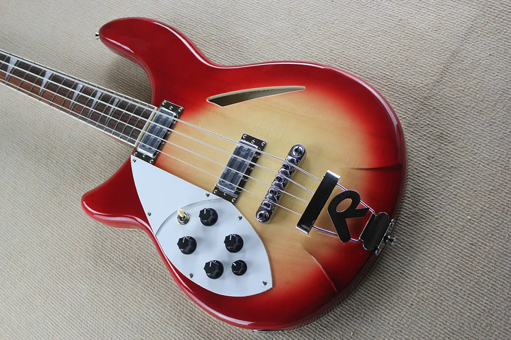 Flyoung Cherry Sunburst Left handed Electric Bass Guitar with 4 Strings Semi-hollow body
