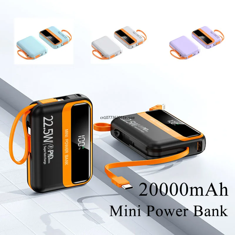 

20000 мАч, 22,5 Вт, внешний аккумулятор с быстрой зарядкой, мини-Powerbank, встроенный 2 кабеля, портативное зарядное устройство, внешний аккумулятор для мобильного телефона