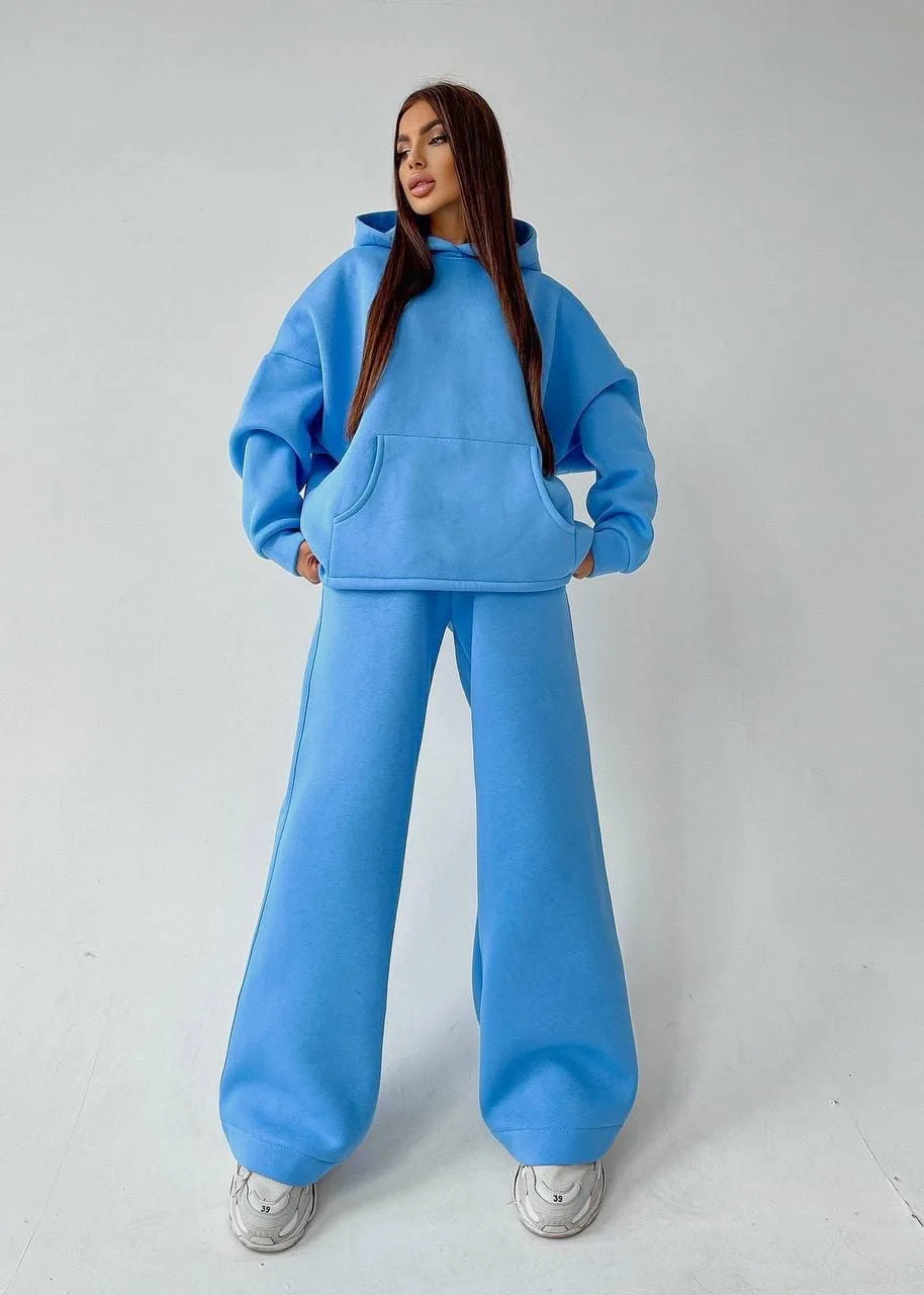 Autumn 2 Piece Set Women\'s Solid Color Loose Sports Pullover Hoodie+Fashion Casual Wide Leg Pantalones Two Piece Sets Women