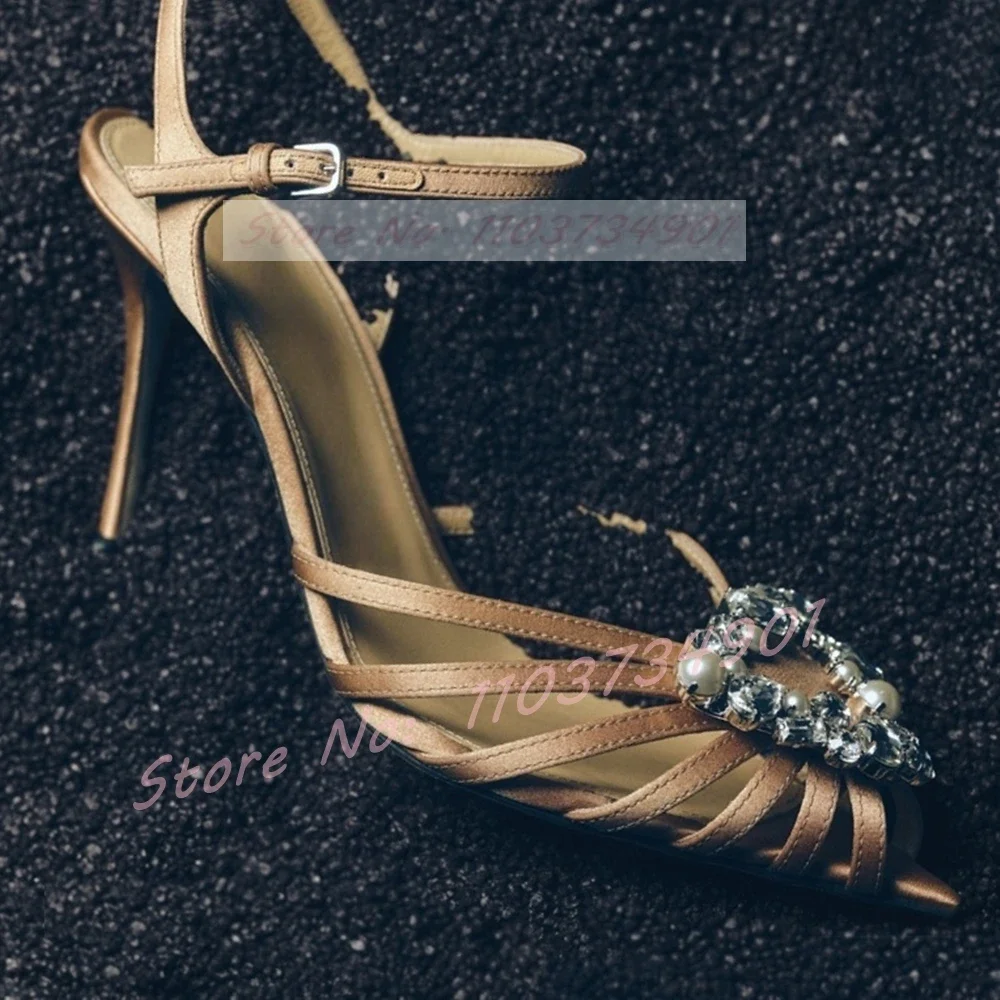

Caged Toe Khaki Satin Sandals Women Crystals Pointed Toe Buckle Strap Thin High Heels Shoes Female Party Sexy Big Size Sandals