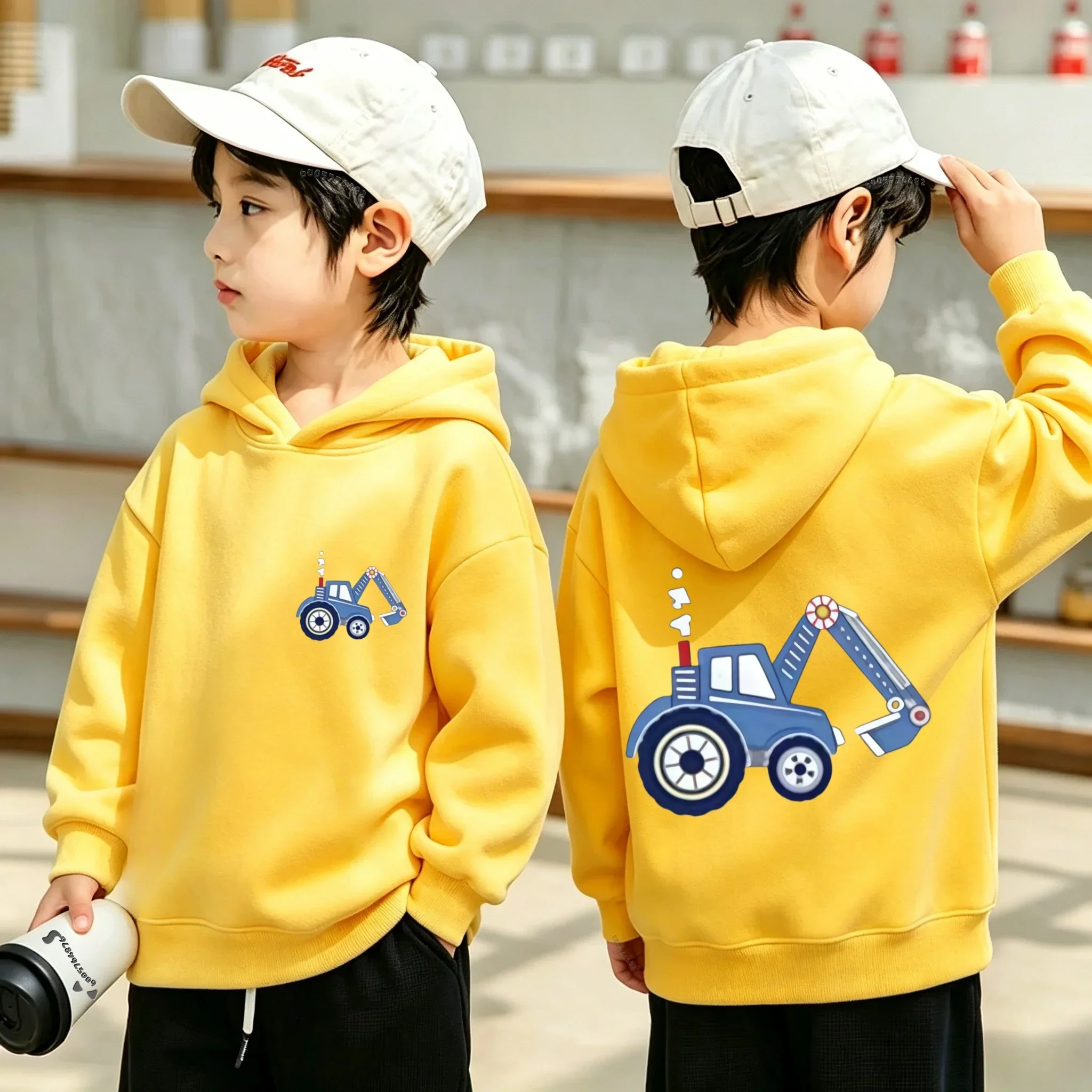 Cool Trendy Cute Cartoon Blue Excavator Pattern Children's Hooded Sweatshirt with Double-sided Printed Design for Kids Aged 2-12